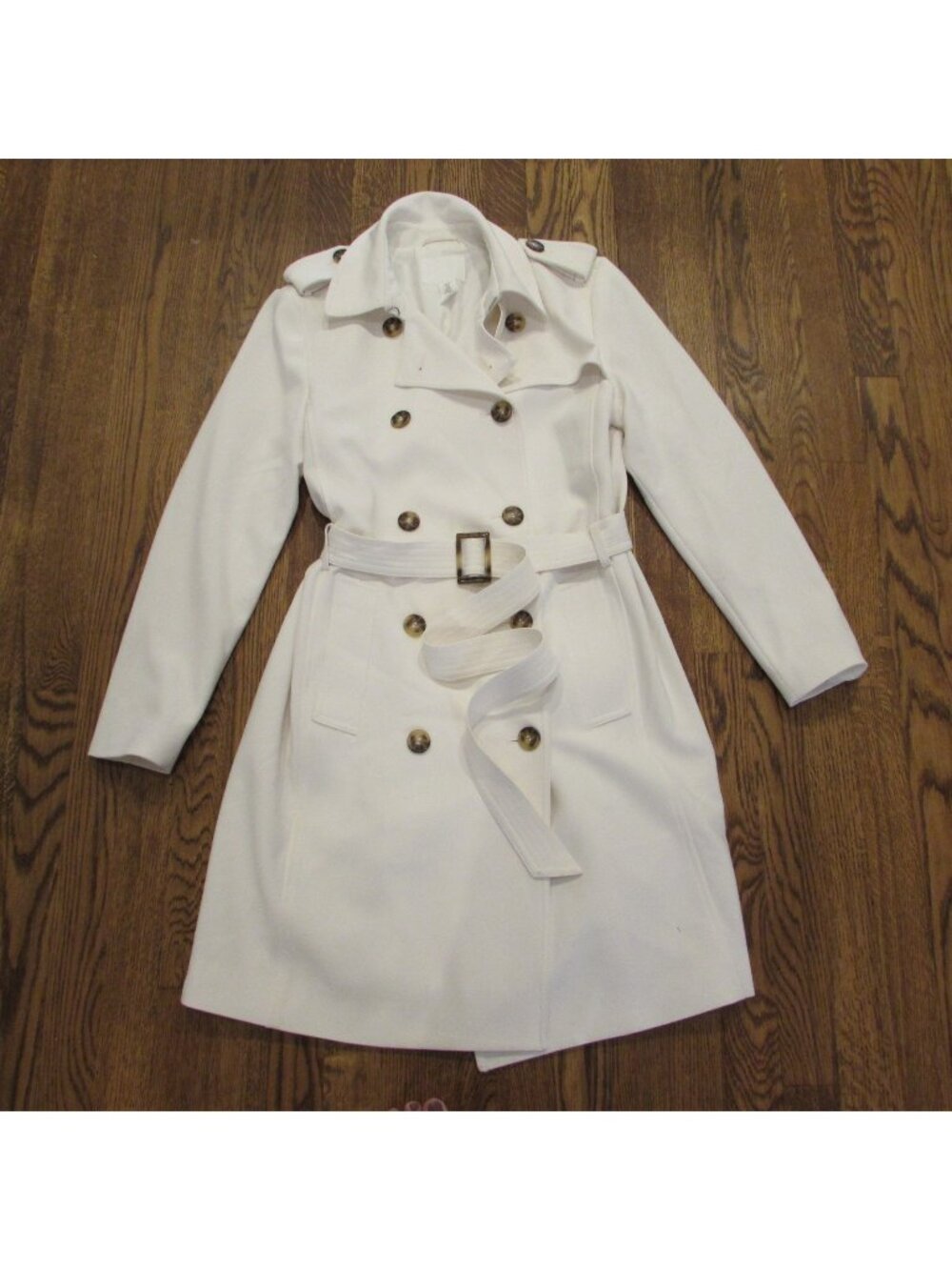 EUC H&M Women’s Winter White stretch Belted double breasted long Trench Coat S